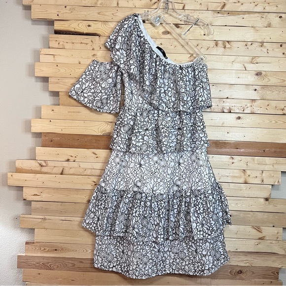MISSGUIDED Black White Lace Off One Shoulder Ruffles Midi Dress NWOT Size 12 - Picture 2 of 14